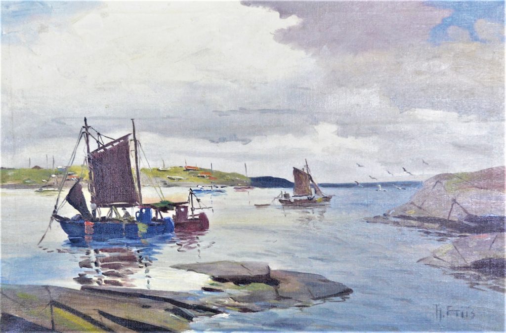 Harbor scene with fishing vessels, oil on canvas, signed.
