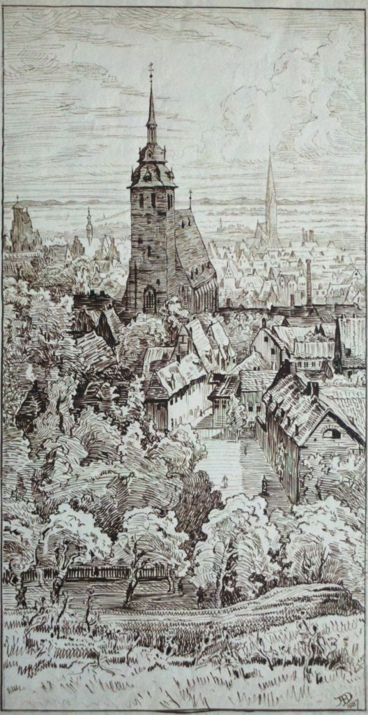 Luneburg, ink and wash, signed in monogram in the image, full signature in the margin.