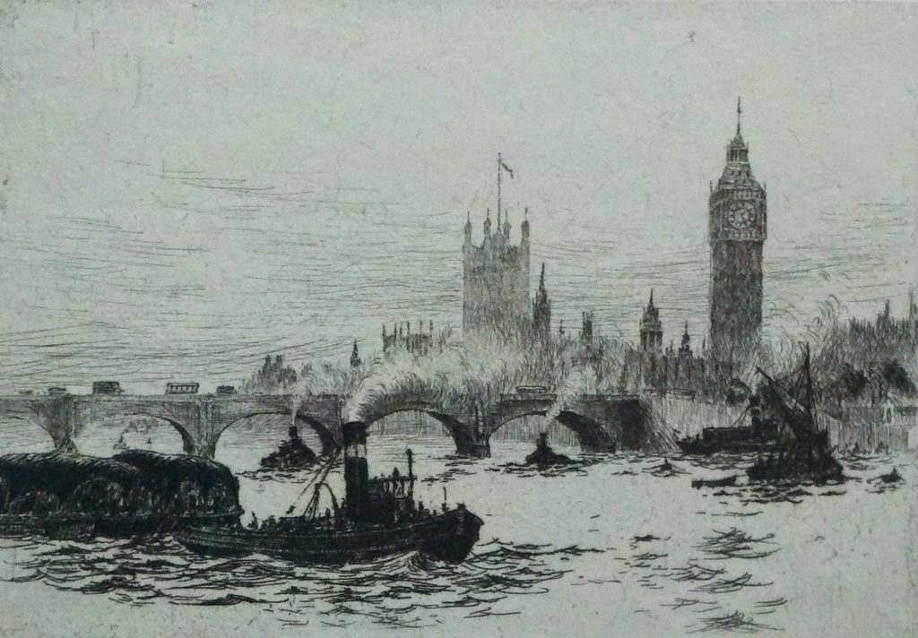 London (Westminster from the River),
etching, signed.