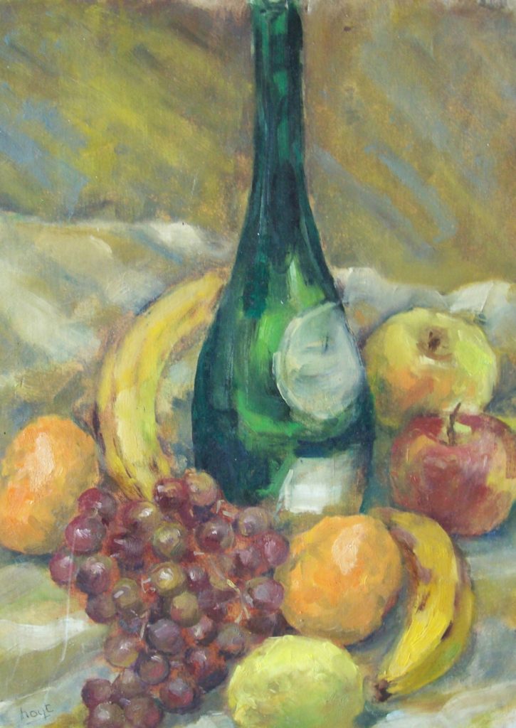 Fruit and Wine, oil on board, signed.