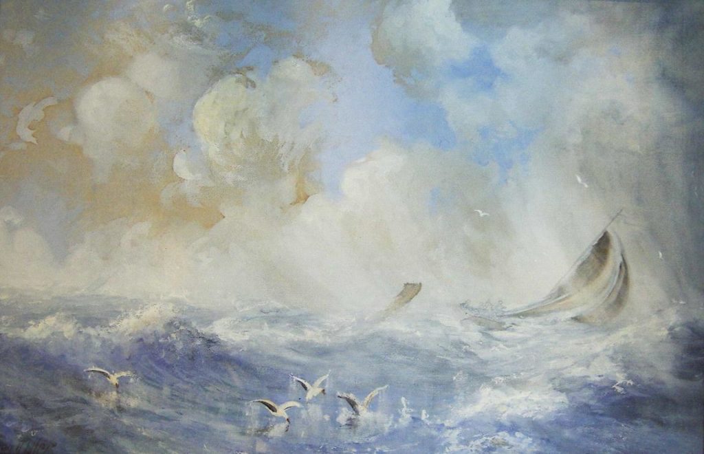 Windy Day on the Cornish Coast, watercolor/gouache, signed.