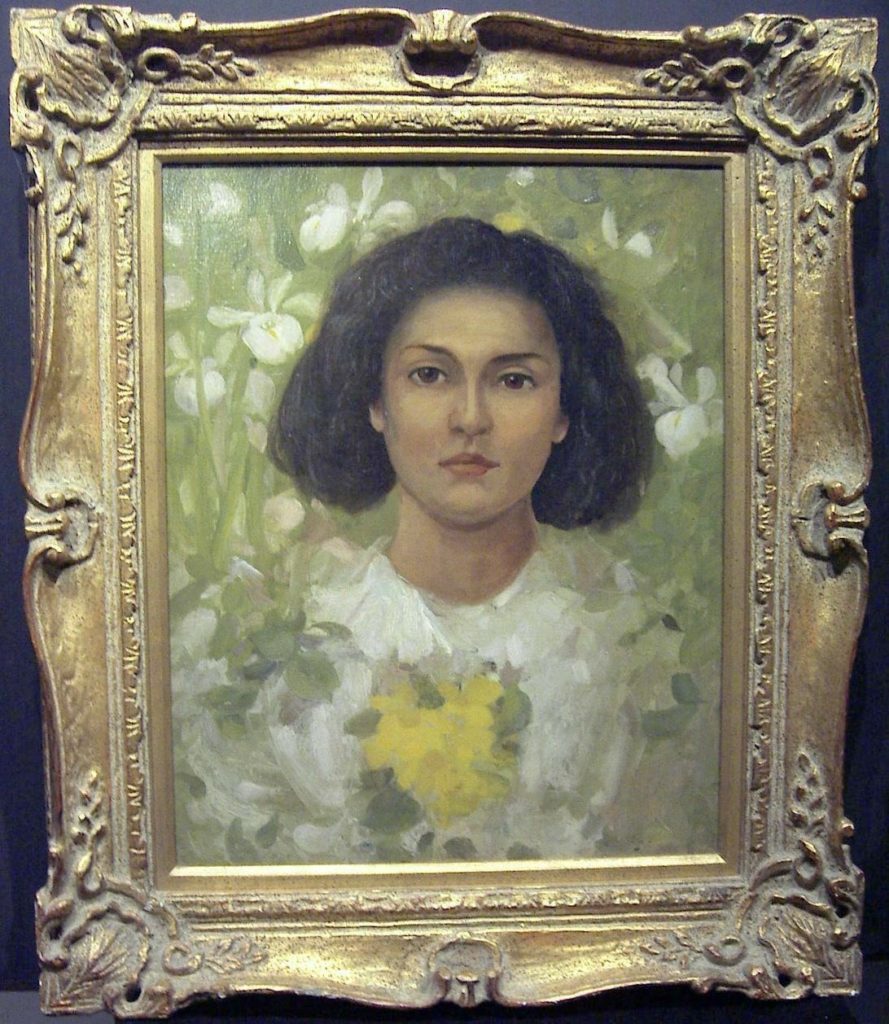 Oil portrait of a young woman amidst white and yellow flowers.