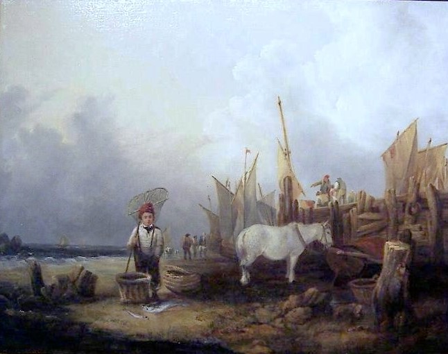 Fisherfolk on the Beach, Sussex Coast, oil on canvas laid down to board,, signed.