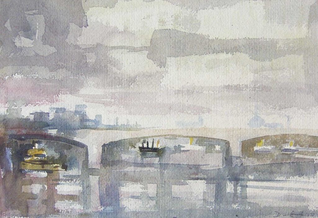 Waterloo Bridge, mixed media, signed/dated 1973.