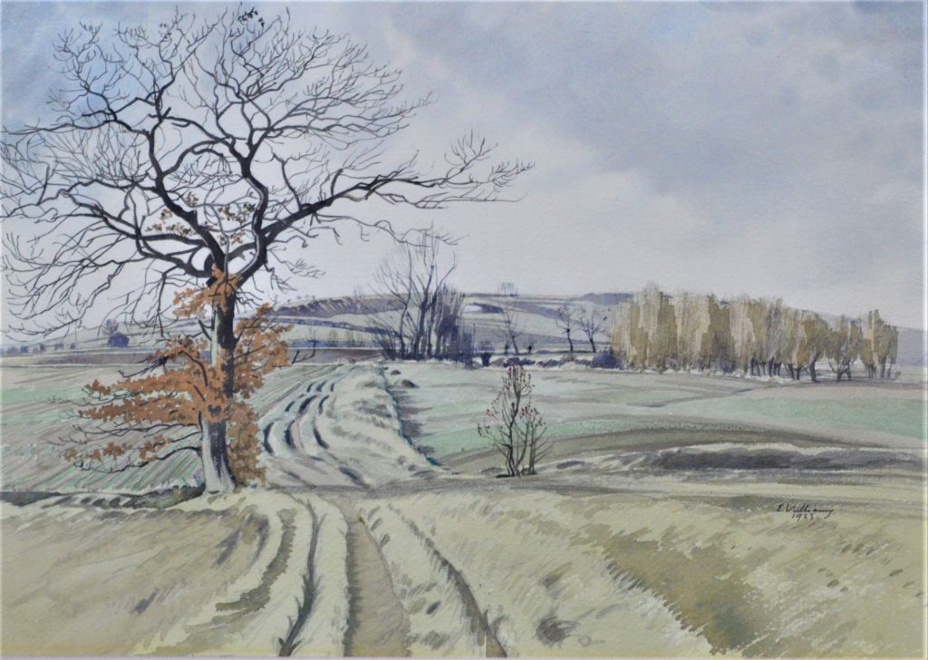 Watercolor of a winter landscape featuring a barren tree with a road wandering past it to the hills beyond.