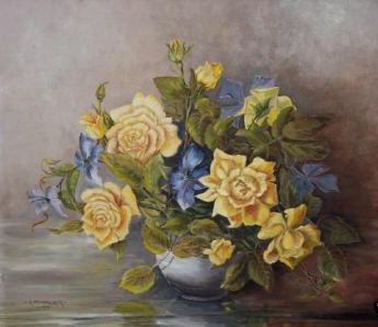 Roses and Clematis, oil on board, signed/dated.