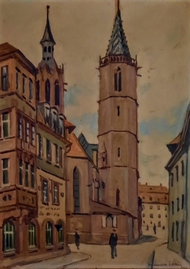 Street, Church, and Figures, oil on board, signed.