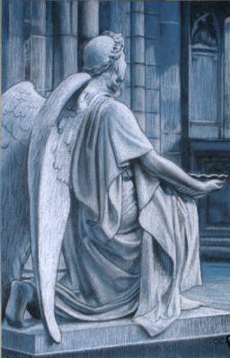 Angel, charcoal and white conte on blue Ingres paper.