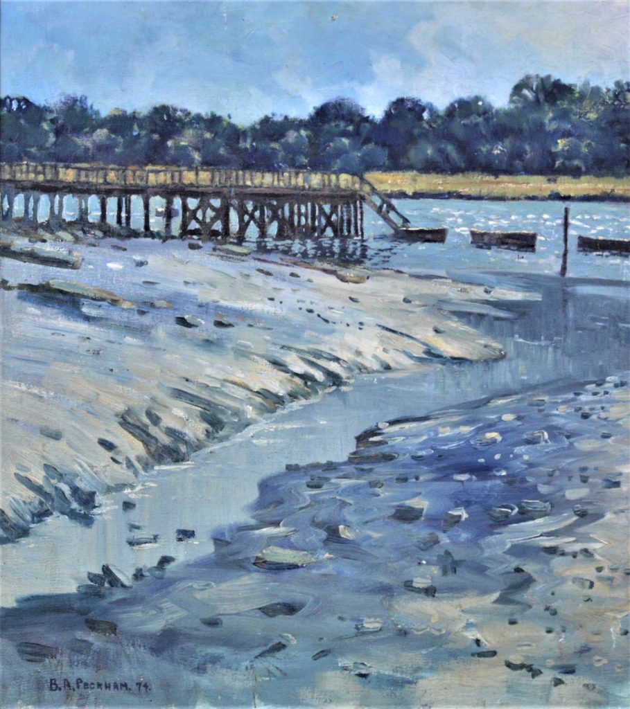 Gilbury Hard on the Beaulieu River, Hampshire, oil on canvas panel, signed/dated '74.