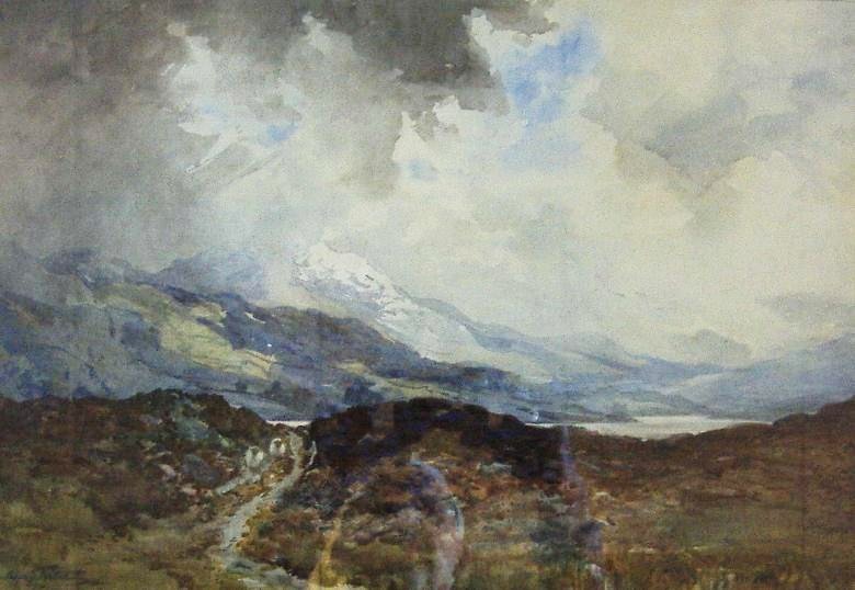 Sheep in Highland landscape, watercolor, signed.