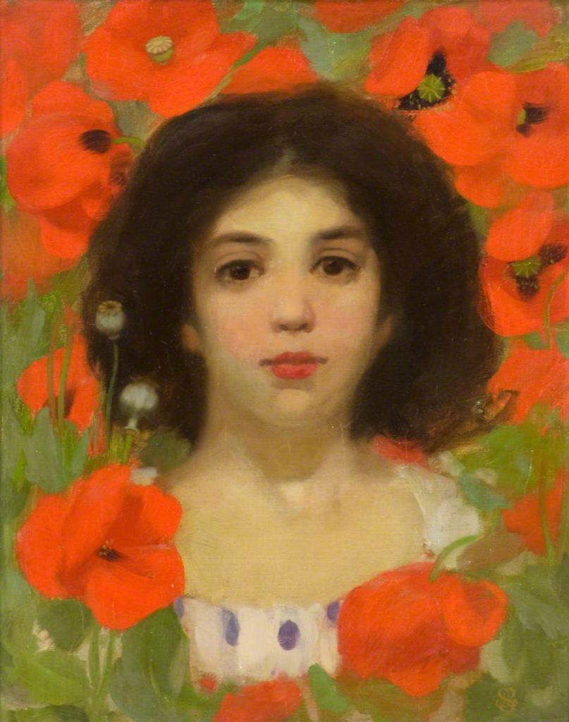 Oil portrait of a girl surrounded by red poppies.