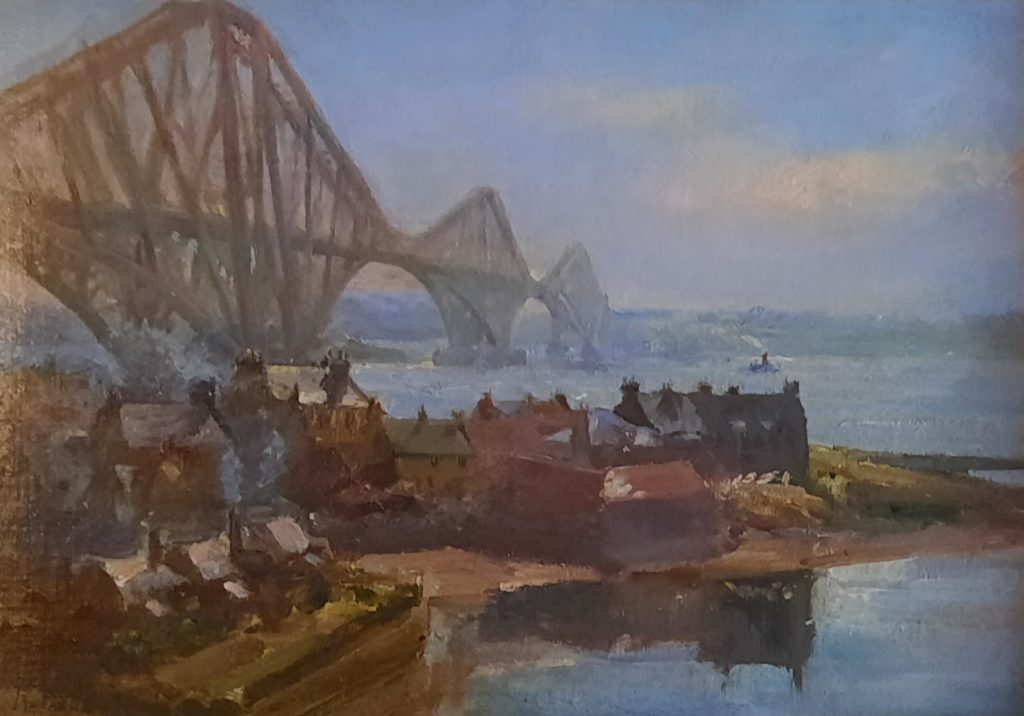 The Forth Bridge from North Queensferry, oil on board, signed.