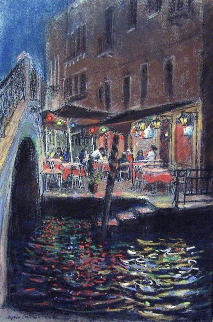 Pastel of a canal-side cafe in Venice.